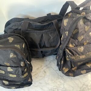 LeSportsac Set Black Gold Heart Backpack Mini, Tote Matching Bundle Mommy & Me